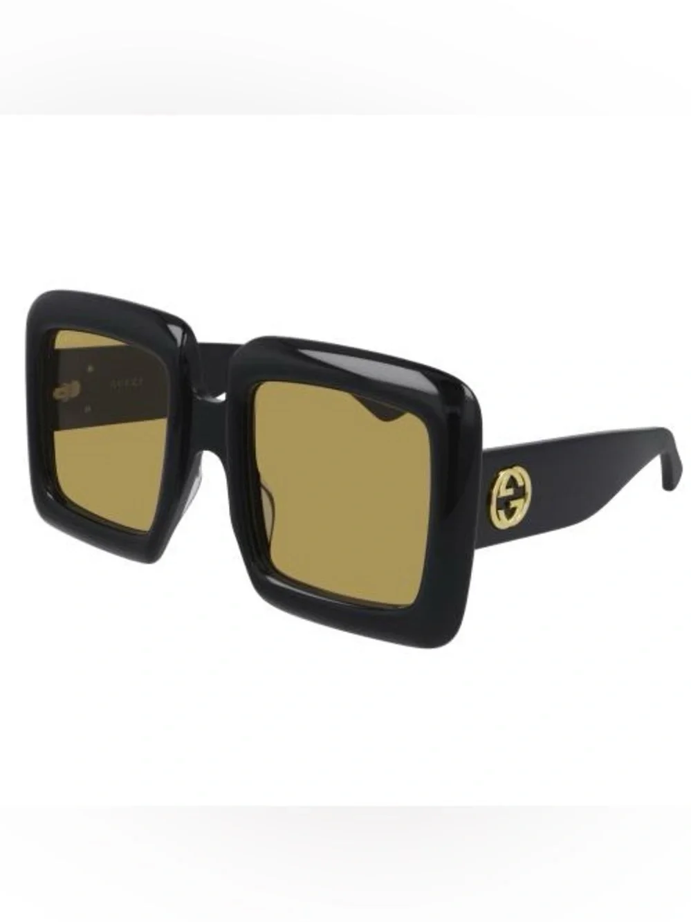 Gucci Black Frame Oversized Yellow Lens Square Sunglasses with Gold GG Accent